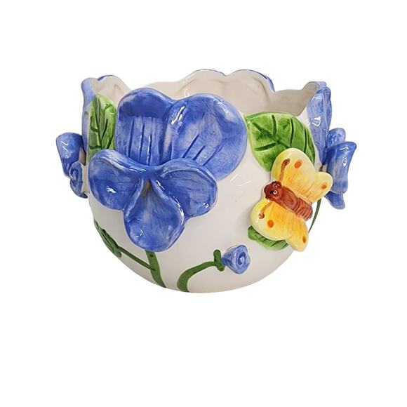 La Dolce Ceramic Vita Blue Pansy Embossed Collection Planter with Butterflies - Picture 1 of 11